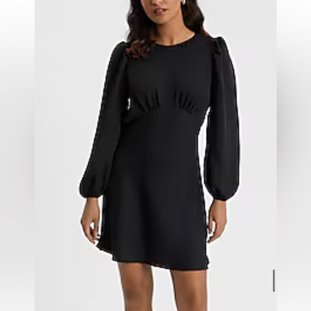 Express Black Ruched A-Line Dress with Bishop Sleeves